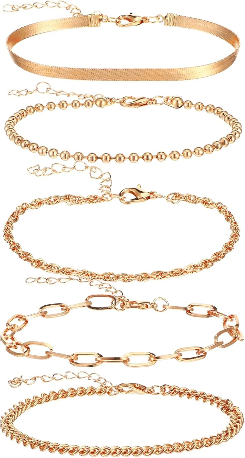14K Gold Bracelets for Women, 5 Pcs Waterproof Gold Jewelry Stackable Bracelet Sets, Thin Trendy Thin Cuban Link Beads Paperclip Chain Bracelets Lanyard Golden Fashion Accessories Gifts for Women