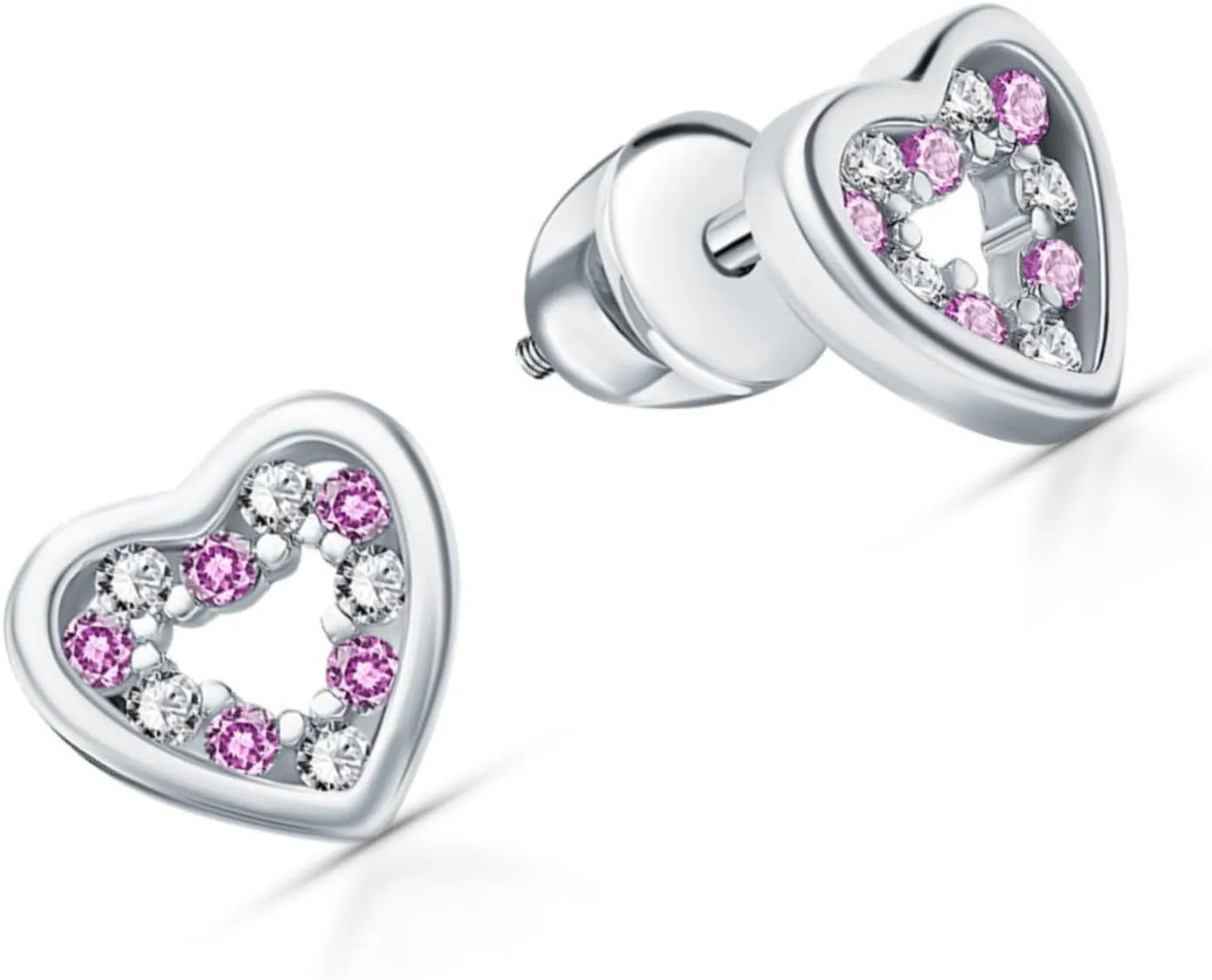 14k Gold Open Heart Diamond(0.10ct) Earring, Pink Gemstone Stud with Screw Back, Gift for Her.