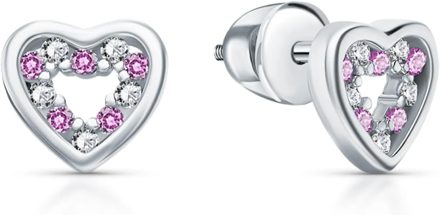 14k Gold Open Heart Diamond(0.10ct) Earring, Pink Gemstone Stud with Screw Back, Gift for Her.