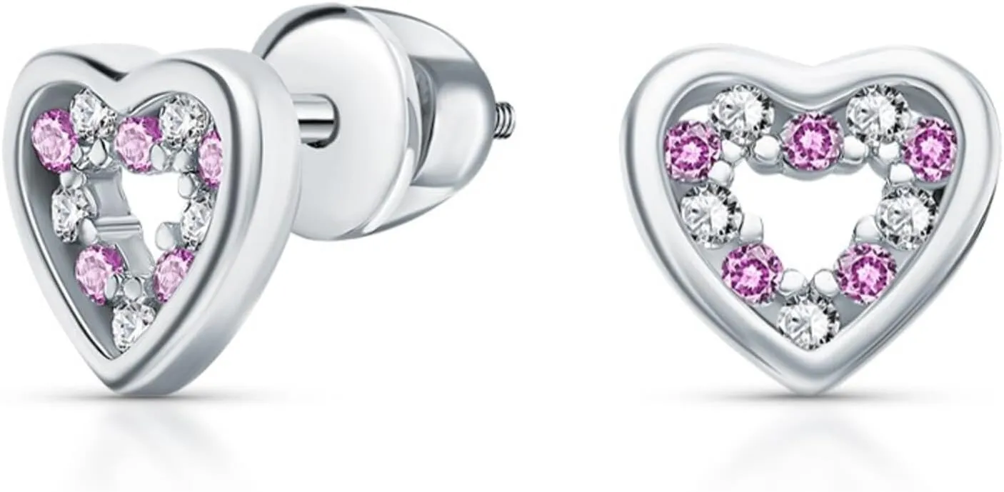 14k Gold Open Heart Diamond(0.10ct) Earring, Pink Gemstone Stud with Screw Back, Gift for Her.