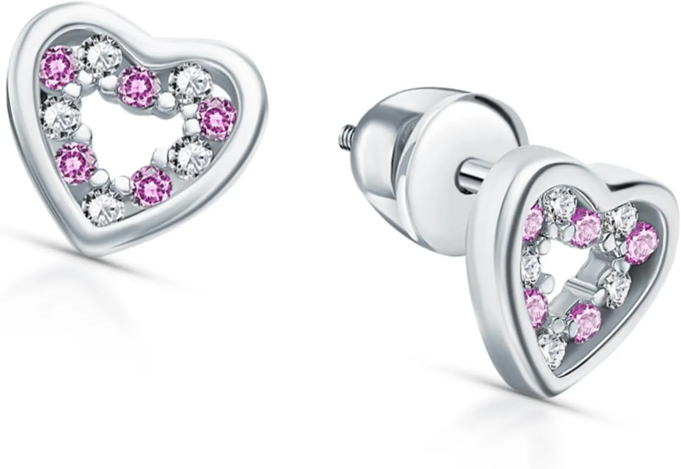 14k Gold Open Heart Diamond(0.10ct) Earring, Pink Gemstone Stud with Screw Back, Gift for Her.