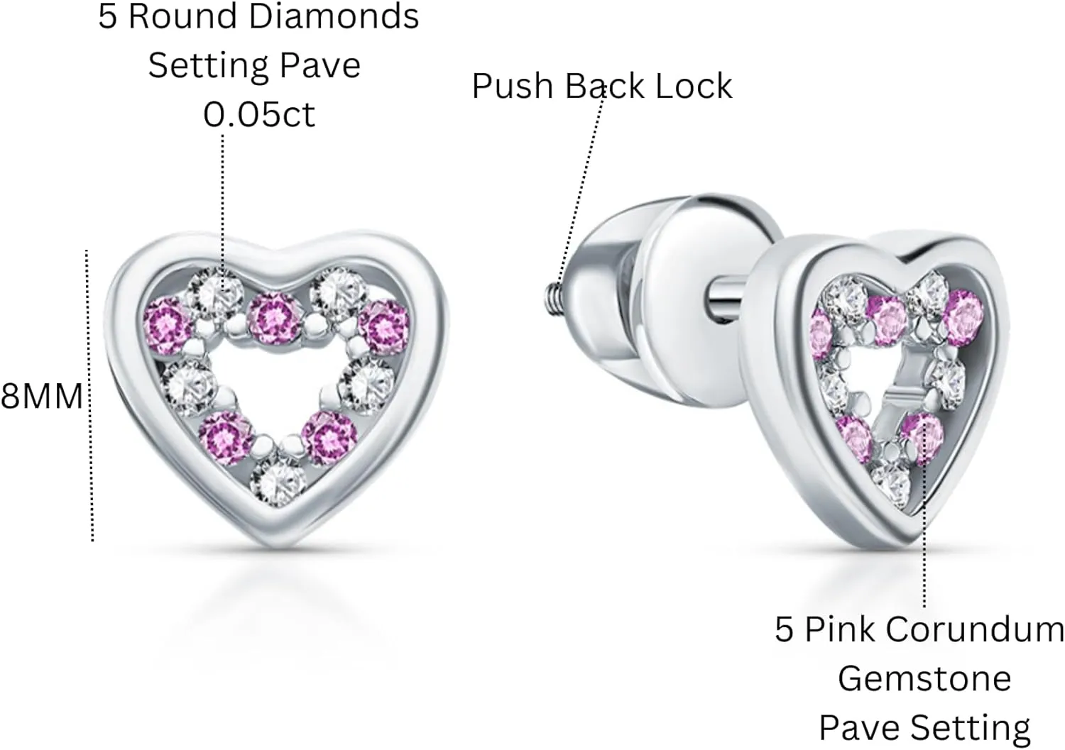 14k Gold Open Heart Diamond(0.10ct) Earring, Pink Gemstone Stud with Screw Back, Gift for Her.
