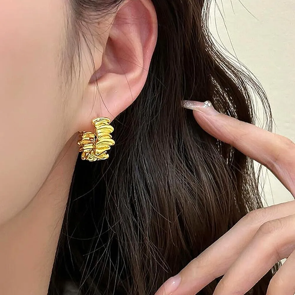 14K Gold Pleated Hoop Earrings for Women,Chunky Silver Wave Statement Dangle Huggie Earrings,Fashionable Geometric Jewelry Gifts
