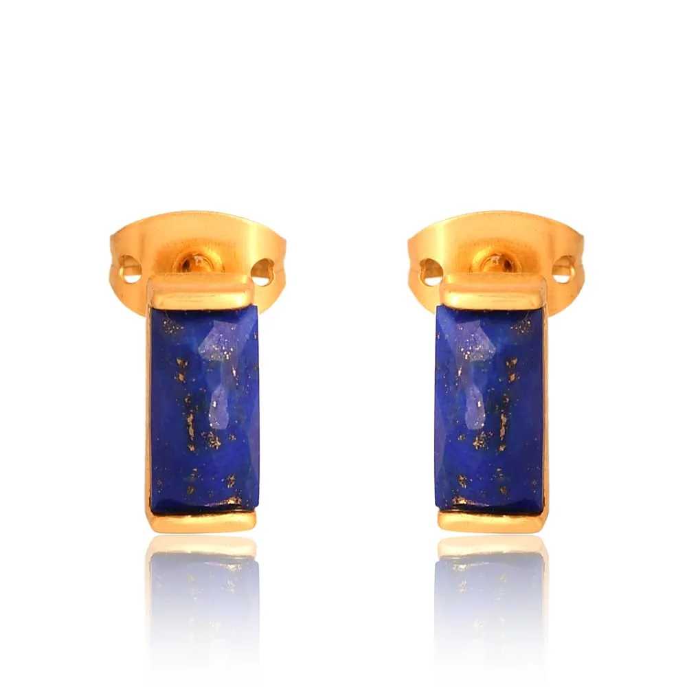 18K Gold Earrings, Baguette Earrings, Baguette Studs, Stud Earrings, Dainty Stud Earrings, Small Stud Earrings, Tiny Stud Earrings Minimalist Earrings (Lapis)
