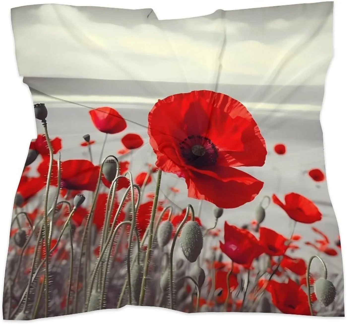25" Silk Scarf Lightweight Satin Red Poppy Flower Head Scarf Fashion Neck Head Scarves Headband Silk Scarves for Women Men Boho Hair Wrap Kerchief Hair Bandanas Square Neckerchief