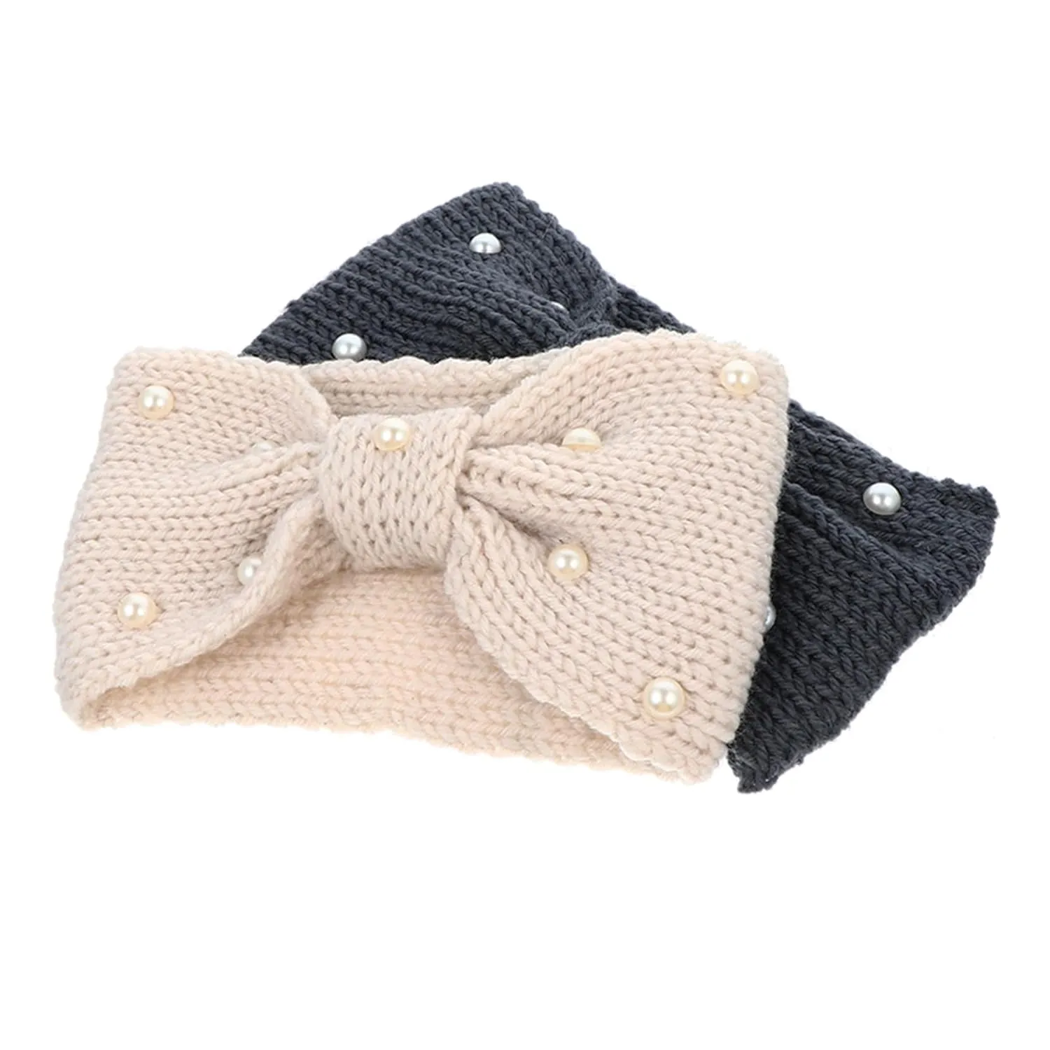 2pcs Knitted Headband Pearl Bowknot Hair Bands for Women Comfortable Lightweight
