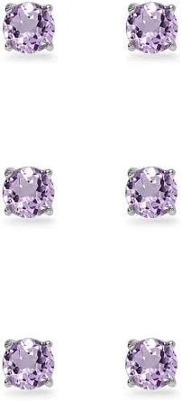3-Pair Set Sterling Silver Gemstone 5mm Round Stud Earrings
