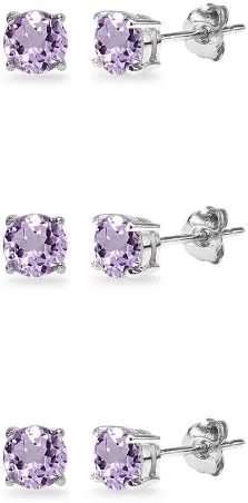 3-Pair Set Sterling Silver Gemstone 5mm Round Stud Earrings