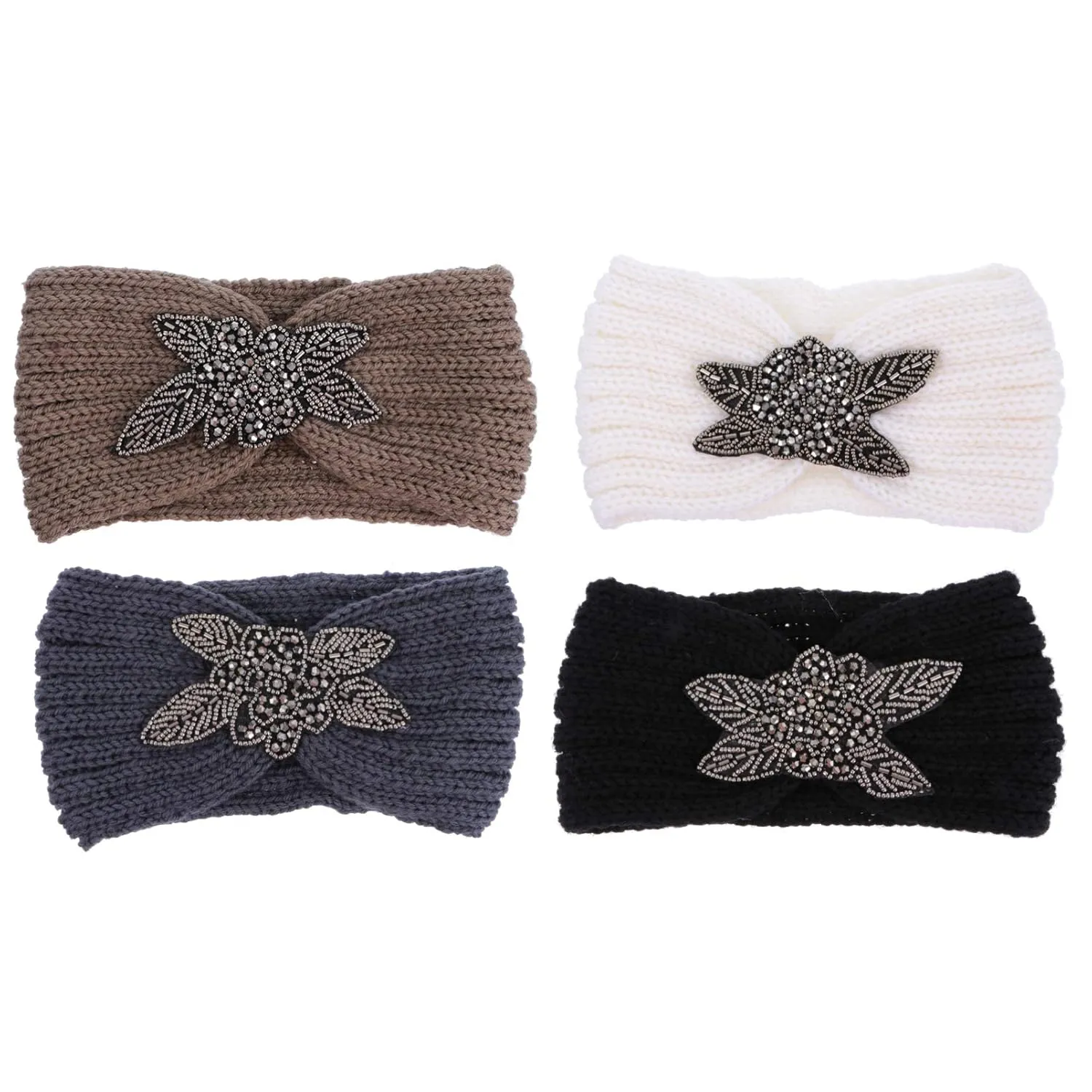4Pcs Knitted Headbands for Women Stylish Diamond Accents Warm Hair Accessories for Makeup and Daily Wear Includes and Colors