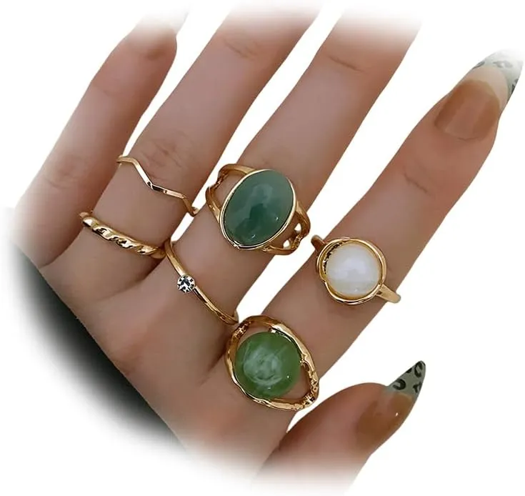 6Pcs Vintage Boho Green Crystal Stackable Ring Set for Women Trendy, Statement Zircon Gold Knuckle Midi Finger Rings Unique Party Prom Jewelry Gifts