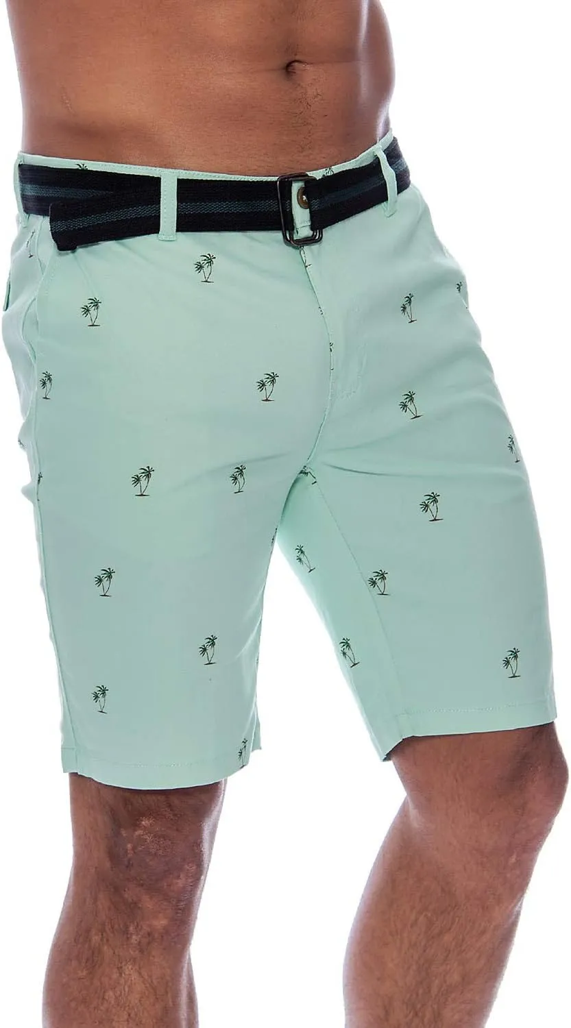9 Crowns Men's Flat Front Flamingo Palm Stretch Belted Casual Shorts
