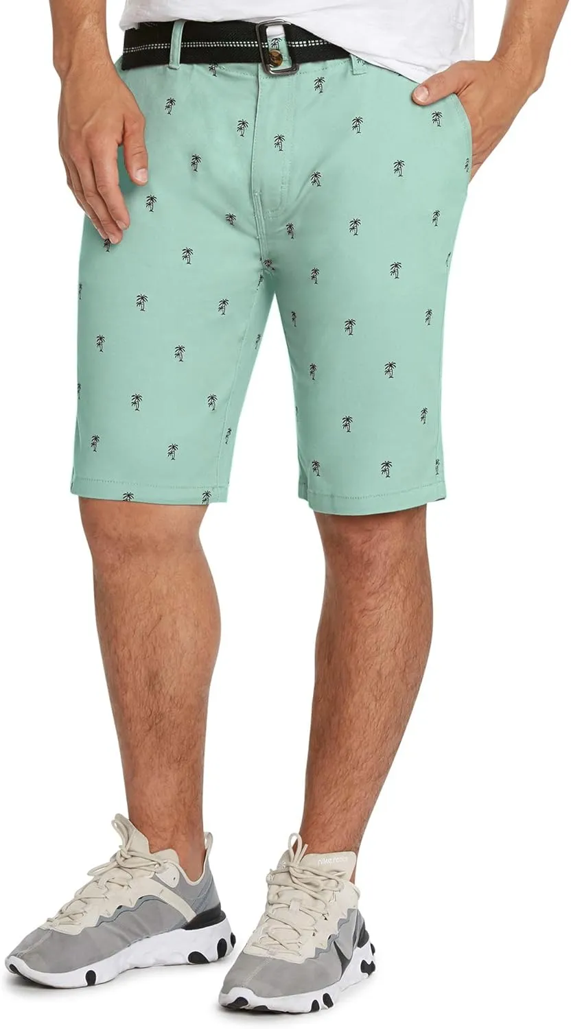 9 Crowns Men's Flat Front Flamingo Palm Stretch Belted Casual Shorts