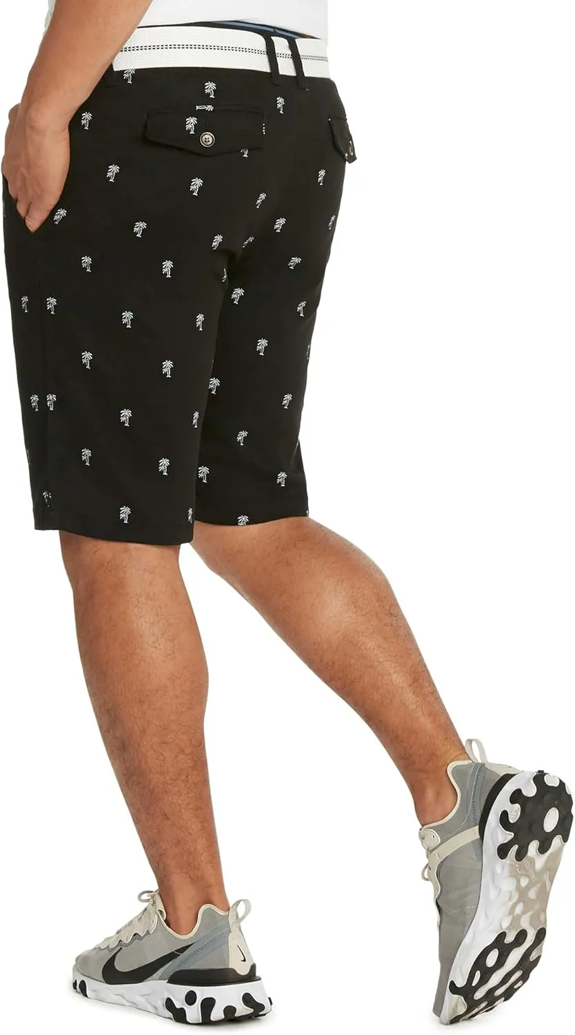 9 Crowns Men's Flat Front Flamingo Palm Stretch Belted Casual Shorts