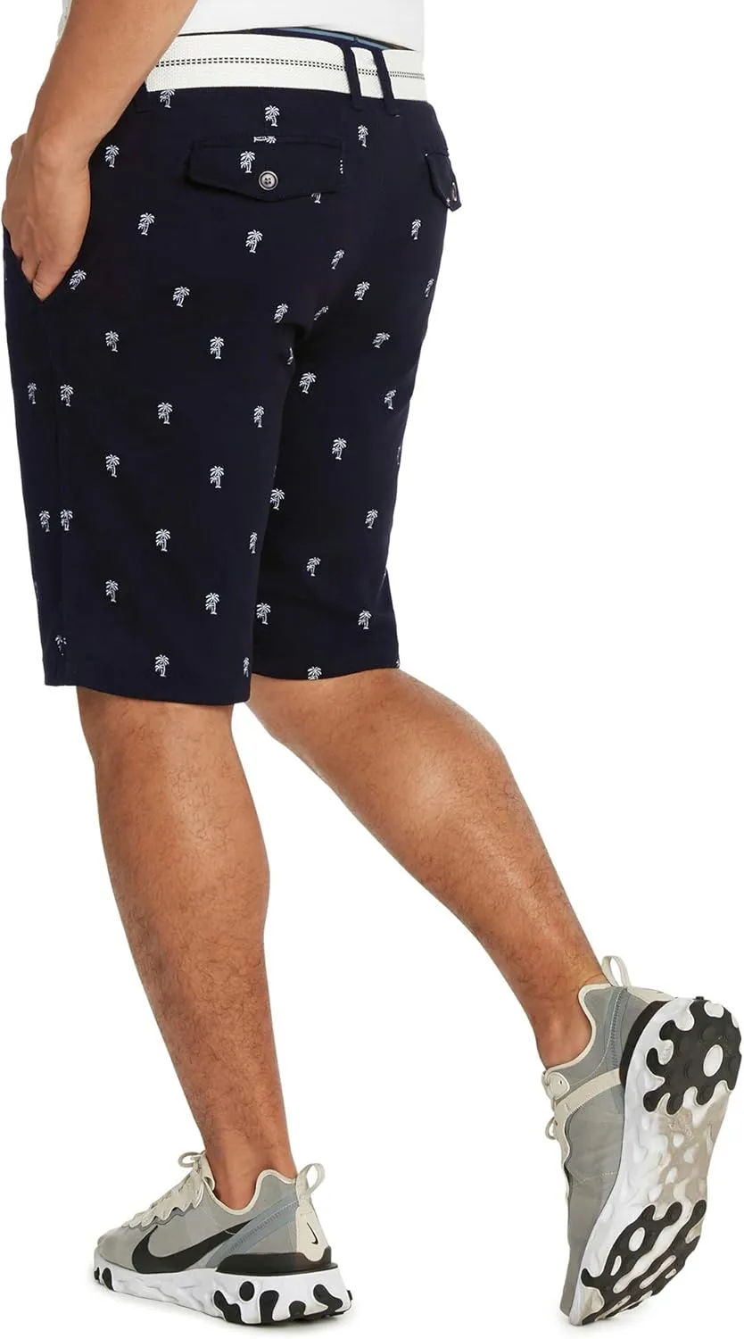 9 Crowns Men's Flat Front Flamingo Palm Stretch Belted Casual Shorts