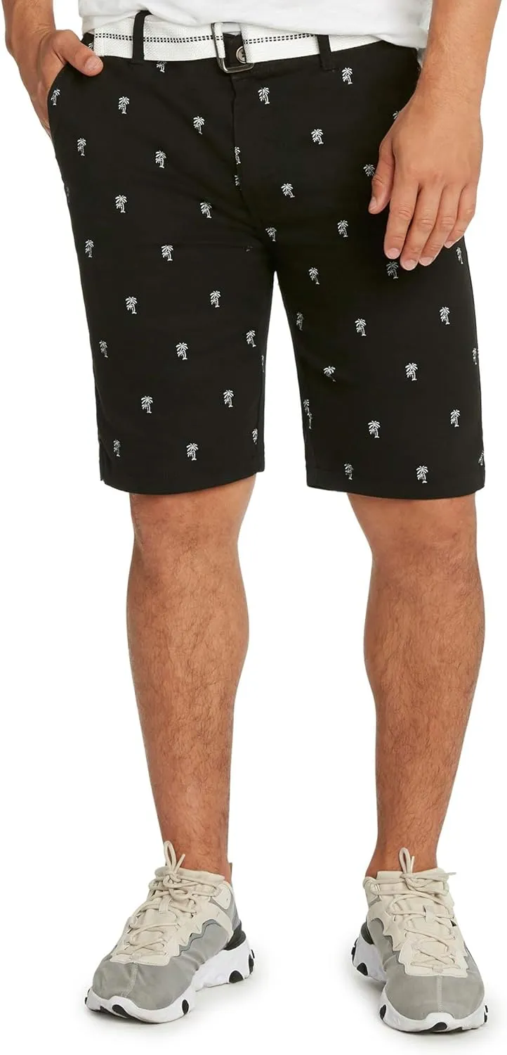 9 Crowns Men's Flat Front Flamingo Palm Stretch Belted Casual Shorts