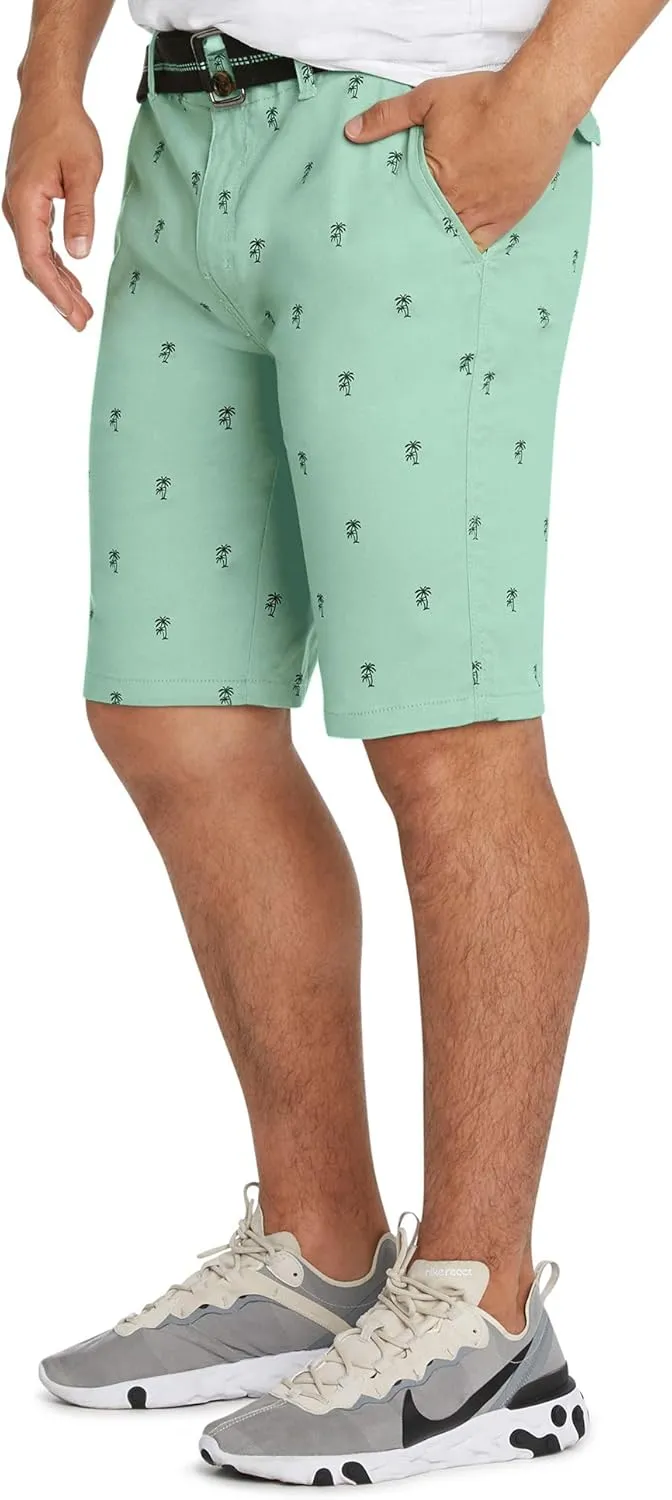 9 Crowns Men's Flat Front Flamingo Palm Stretch Belted Casual Shorts