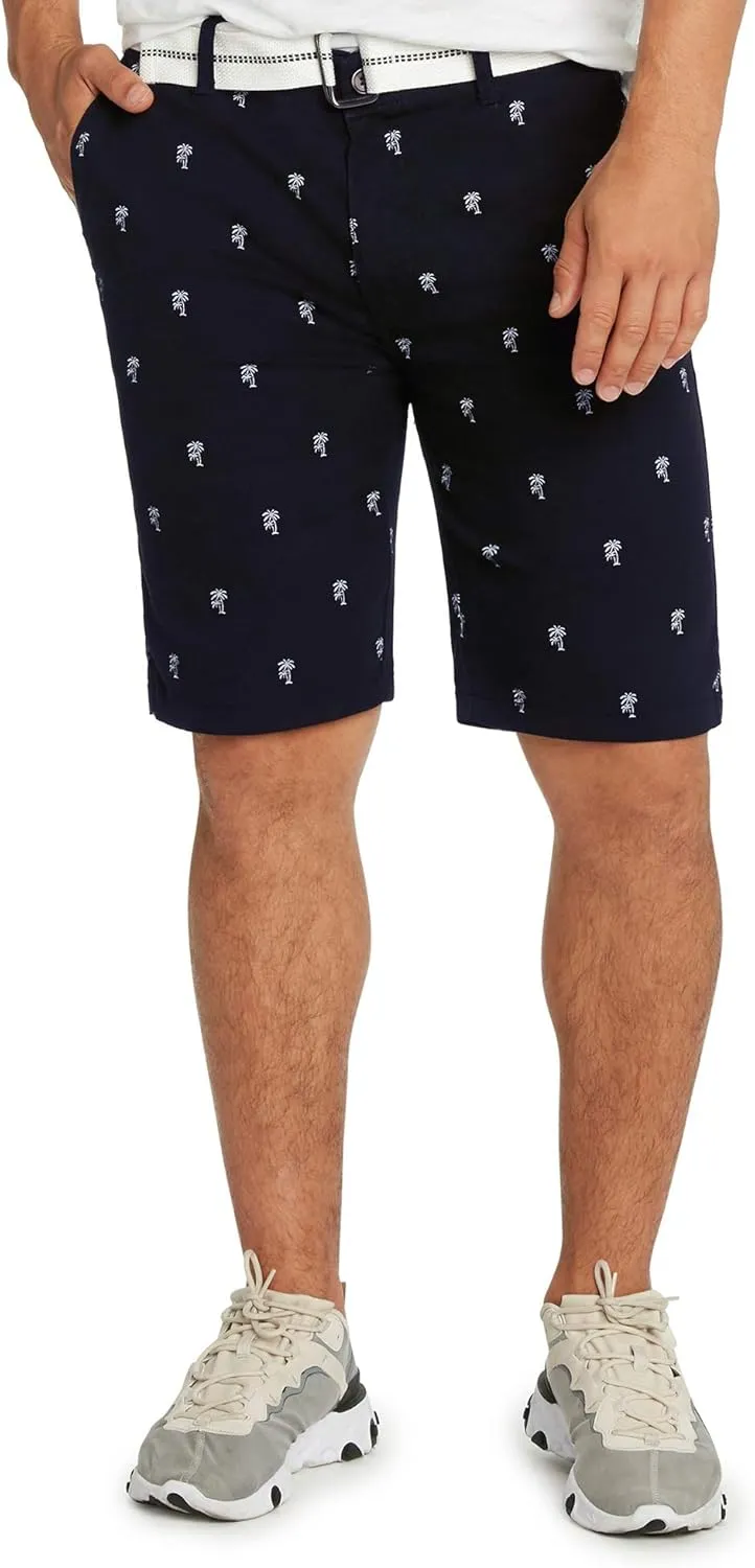 9 Crowns Men's Flat Front Flamingo Palm Stretch Belted Casual Shorts