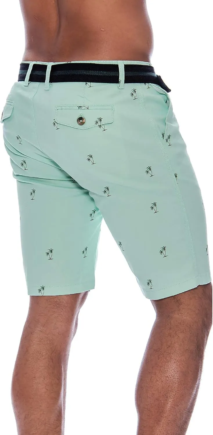 9 Crowns Men's Flat Front Flamingo Palm Stretch Belted Casual Shorts