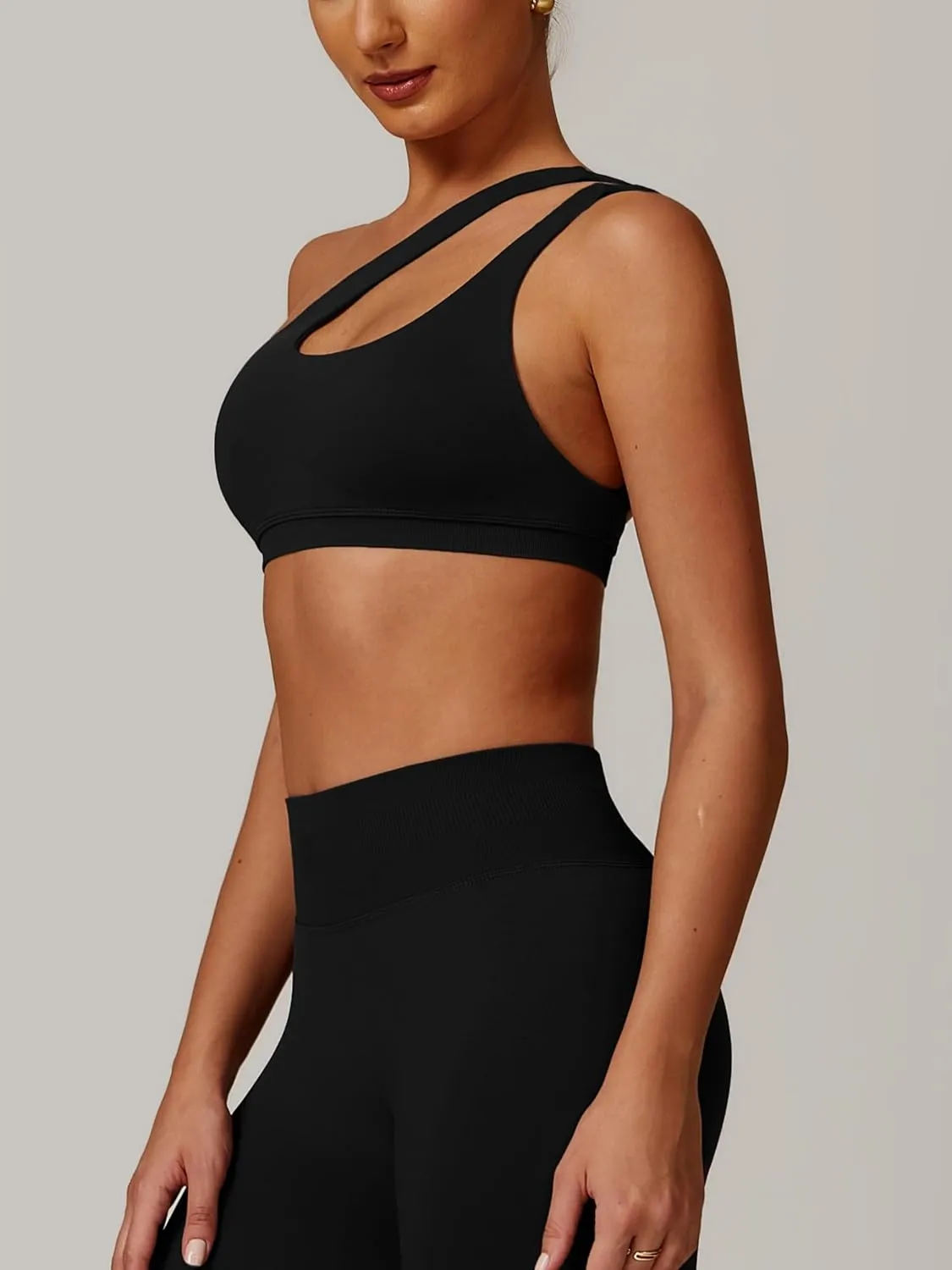 ABOIW Womens Seamless One Shoulder Sports Bra Cutout Adjustable Strap Asymmetric Padded Workout Crop Tank Tops