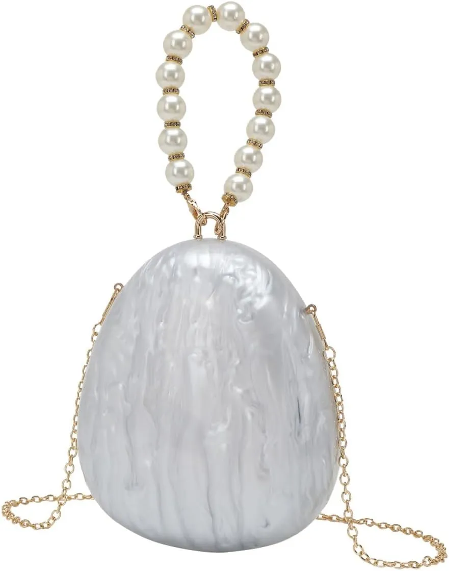 Acrylic Round Egg Evening Handbag for Women Marbled Oval Pearl Handle Party Clutch Bag Shoulder Crossbody Purse