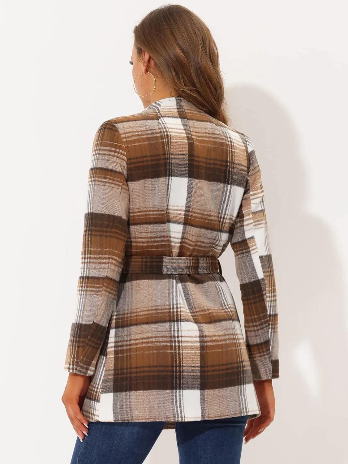 Allegra K Women's Plaid Belted Wrap Overcoat Shawl Collar Asymmetric Hem Fall Winter Coat