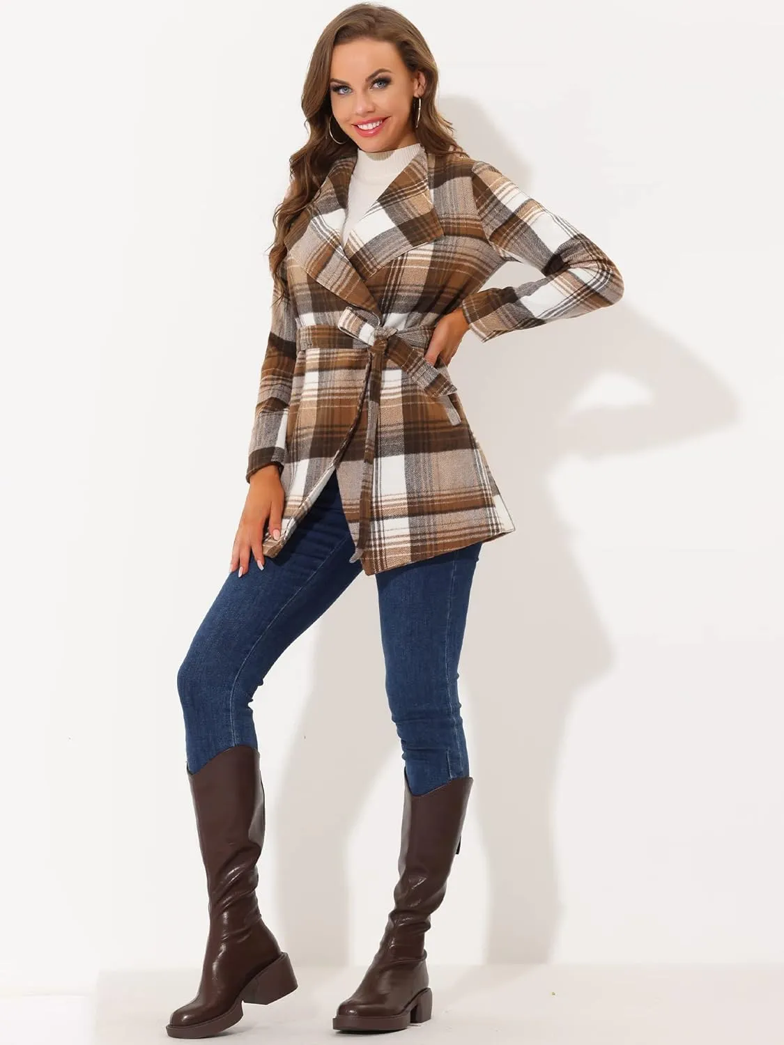 Allegra K Women's Plaid Belted Wrap Overcoat Shawl Collar Asymmetric Hem Fall Winter Coat