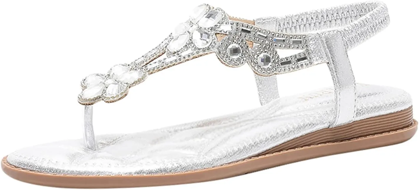 AMDBEL Summer Sandals for Women 2024 Trendy Women's Flat Sandals Beach Sandal T-Strap Rhinestone Beaded Flower Bohemia Sandal