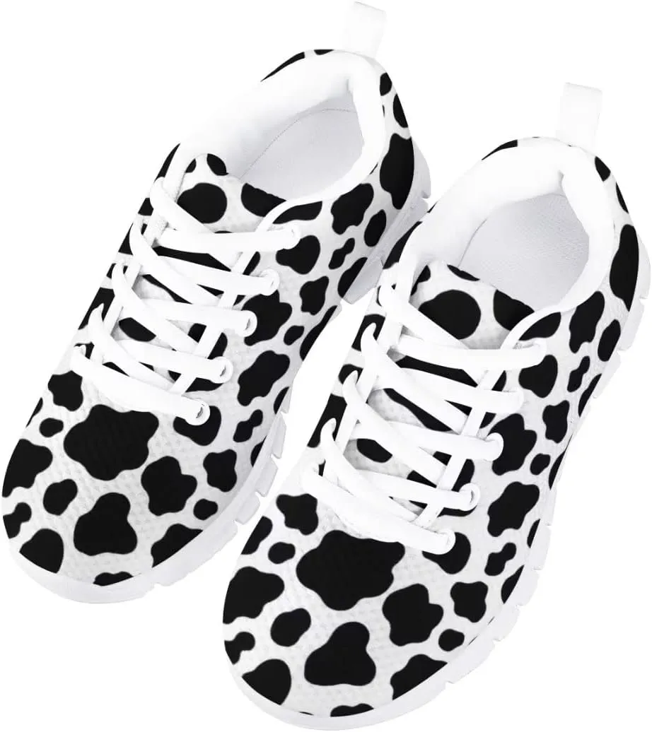 AmzPrint Black and White Girls Cow Print Shoes Size 10.5 Fashion Vintage Mesh Upper Lace-Up Flat Sneakers Fashion Styles