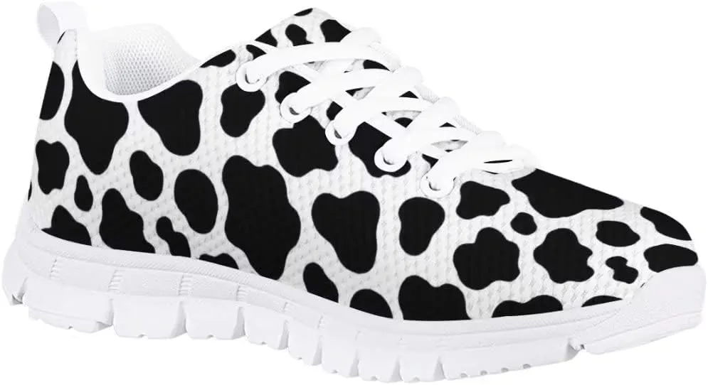 AmzPrint Black and White Girls Cow Print Shoes Size 10.5 Fashion Vintage Mesh Upper Lace-Up Flat Sneakers Fashion Styles