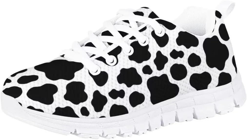 AmzPrint Black and White Girls Cow Print Shoes Size 10.5 Fashion Vintage Mesh Upper Lace-Up Flat Sneakers Fashion Styles