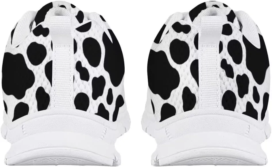 AmzPrint Black and White Girls Cow Print Shoes Size 10.5 Fashion Vintage Mesh Upper Lace-Up Flat Sneakers Fashion Styles