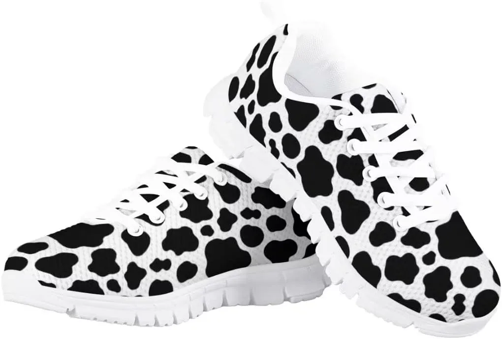AmzPrint Black and White Girls Cow Print Shoes Size 10.5 Fashion Vintage Mesh Upper Lace-Up Flat Sneakers Fashion Styles