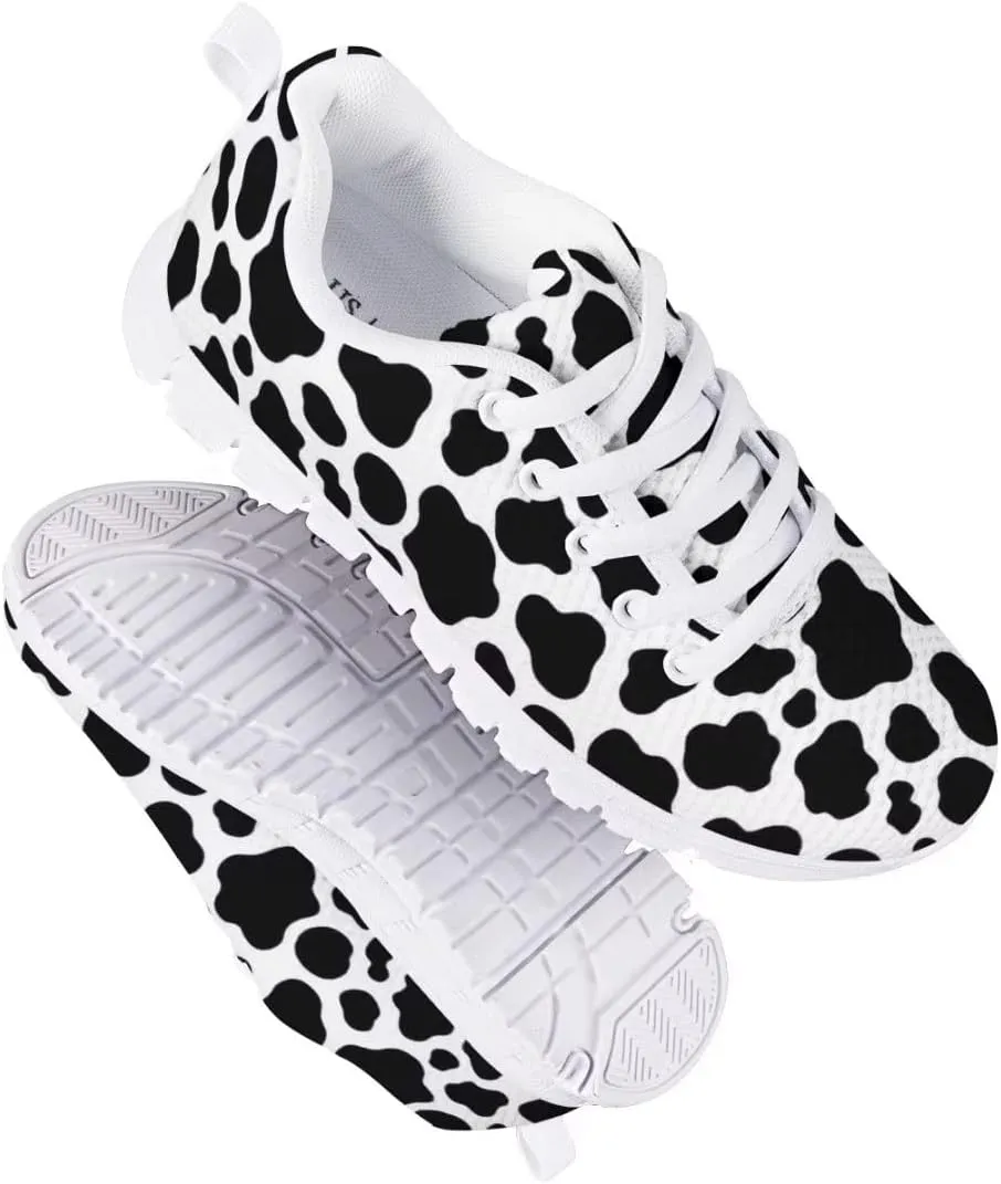AmzPrint Black and White Girls Cow Print Shoes Size 10.5 Fashion Vintage Mesh Upper Lace-Up Flat Sneakers Fashion Styles