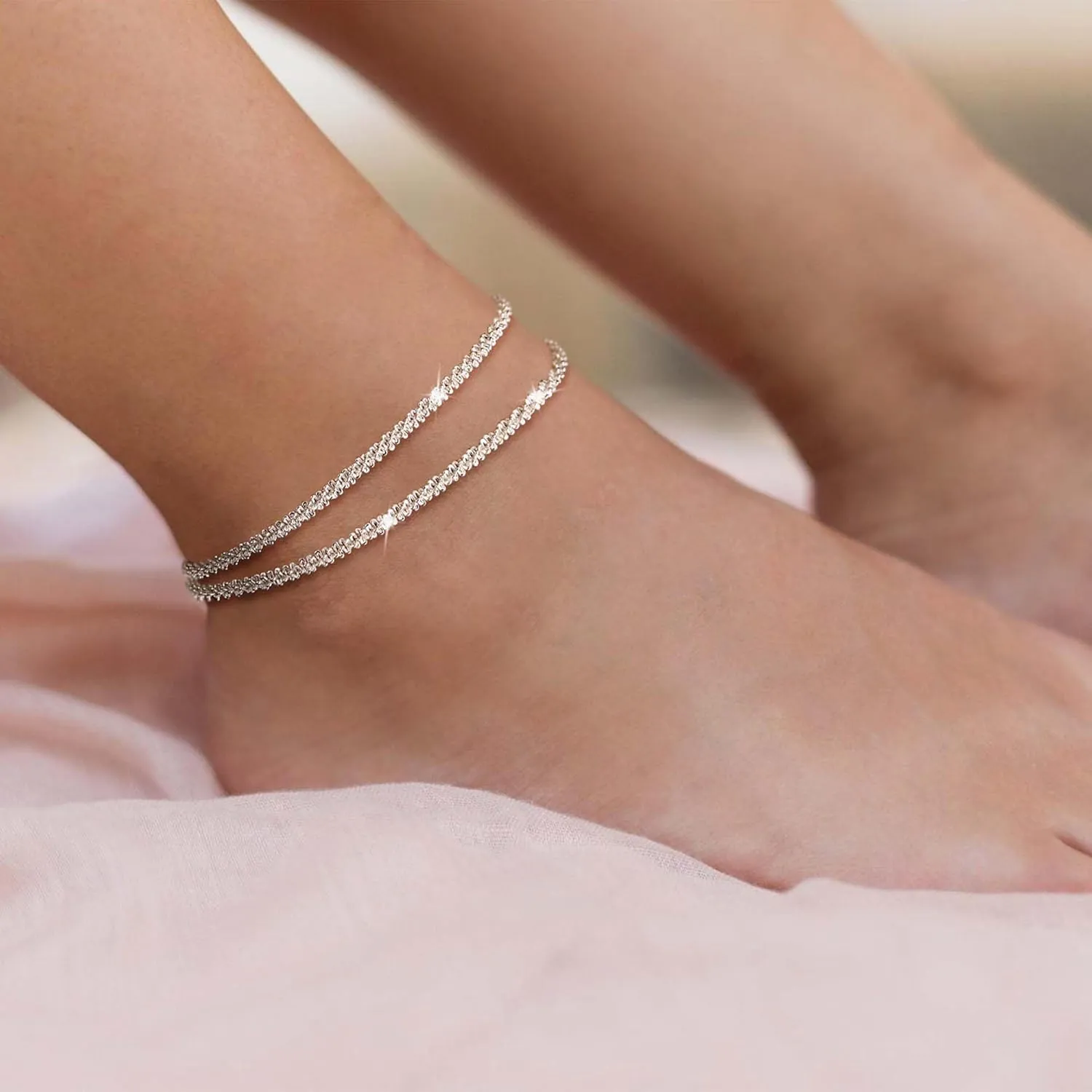 Ankle Bracelets for Women, Glitter Waterproof Adjustable Anklet for Women, 14K Gold Plated/Sterling Silver Layered Anklets, Summer Beach Anklet Jewelry for Women Gift