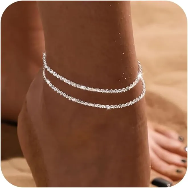 Ankle Bracelets for Women, Glitter Waterproof Adjustable Anklet for Women, 14K Gold Plated/Sterling Silver Layered Anklets, Summer Beach Anklet Jewelry for Women Gift