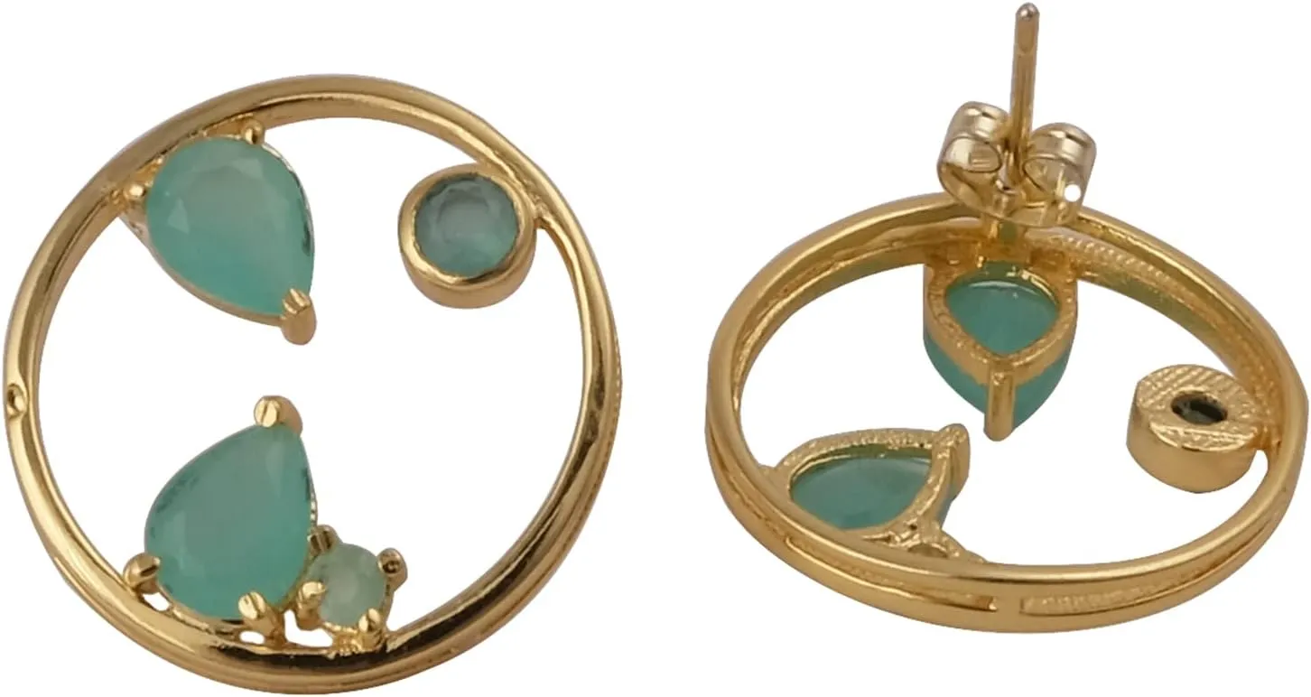 Aqua Chalcedony Gemstone Stud Earring Pair | Gold Plated Push Back Stud Earring | Pear & Round Shape Handmade Prong Set Stud Earring | Gift For Her Jewelry| 1979)1
