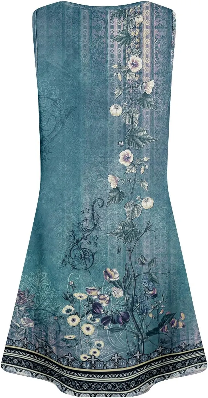 BAXLIMEK Sundresses for Women,2025 Spring Summer Trendy Floral Print Beach Dress Casual Loose Tank Mini Dress with Pockets