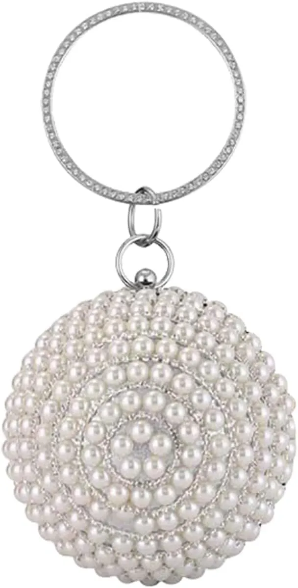Beaded Pearl Clutch Shoulder Bridal Wedding Purse Women's Round Ball Clutch Purse Rhinestones Evening Handbag