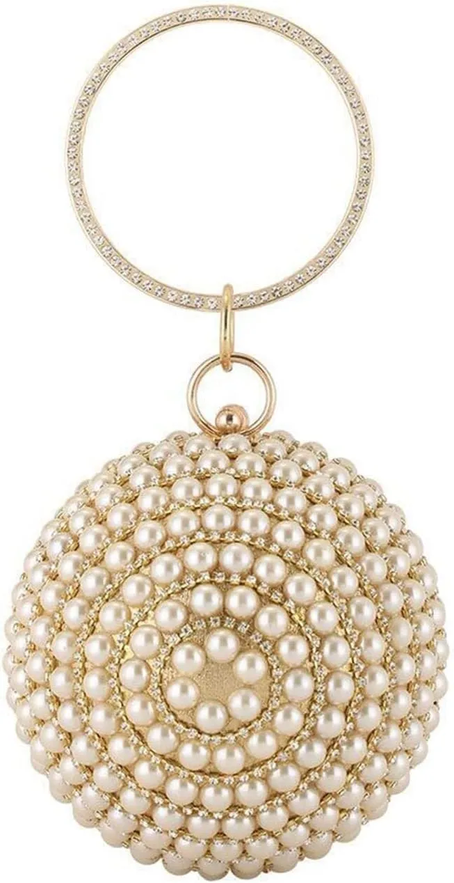 Beaded Pearl Clutch Shoulder Bridal Wedding Purse Women's Round Ball Clutch Purse Rhinestones Evening Handbag