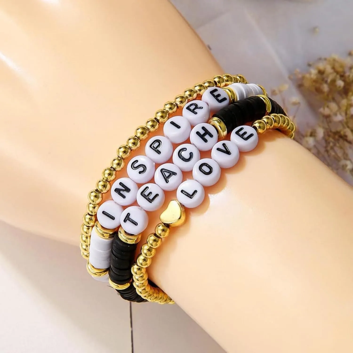 Beaded Teacher Stackable Bracelets for Women Bohemian Handmade Colorful Polymer Clay Love Teach Inspire Heishi Letter Stretch Bracelets for Teacher Appreciation Back to School Trendy Jewelry