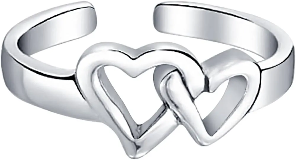 Beautiful Adjustable Doufble Open Heart Midi Ring .925 Sterling Silver Toe Rings For Women