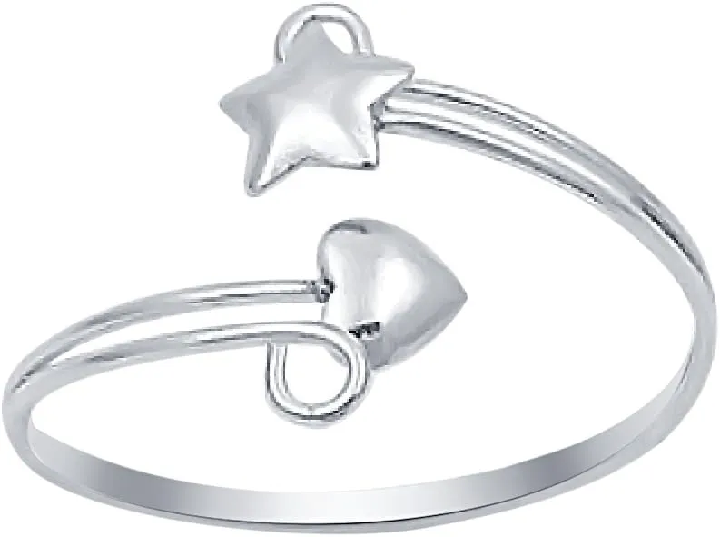 Beautiful Adjustable Heart & Star Toe Ring .925 Sterling Silver Midi Ring