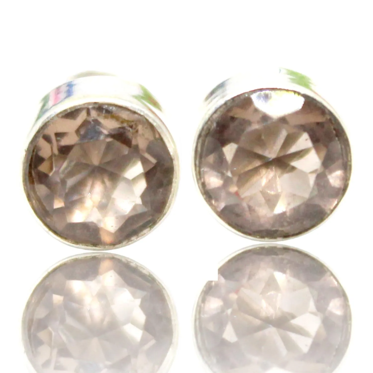 Beautiful Round Shape Faceted Smoky-Quartz Gemstone Stud Earrings for Women & Girls