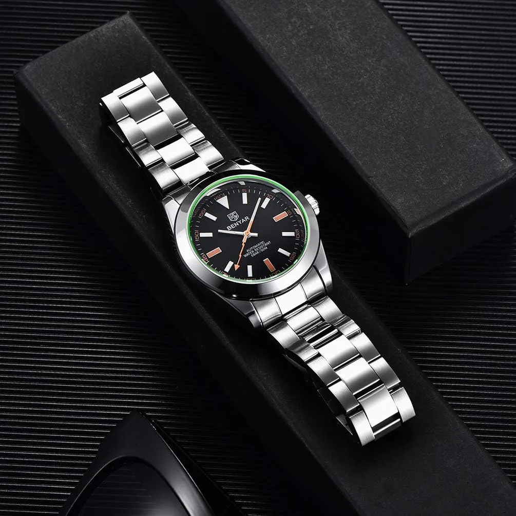 BENYAR Classic Men's Automatic Mechanical Watch Stainless Steel Strap Waterproof Luminous Simple Business Sports Wristwatch