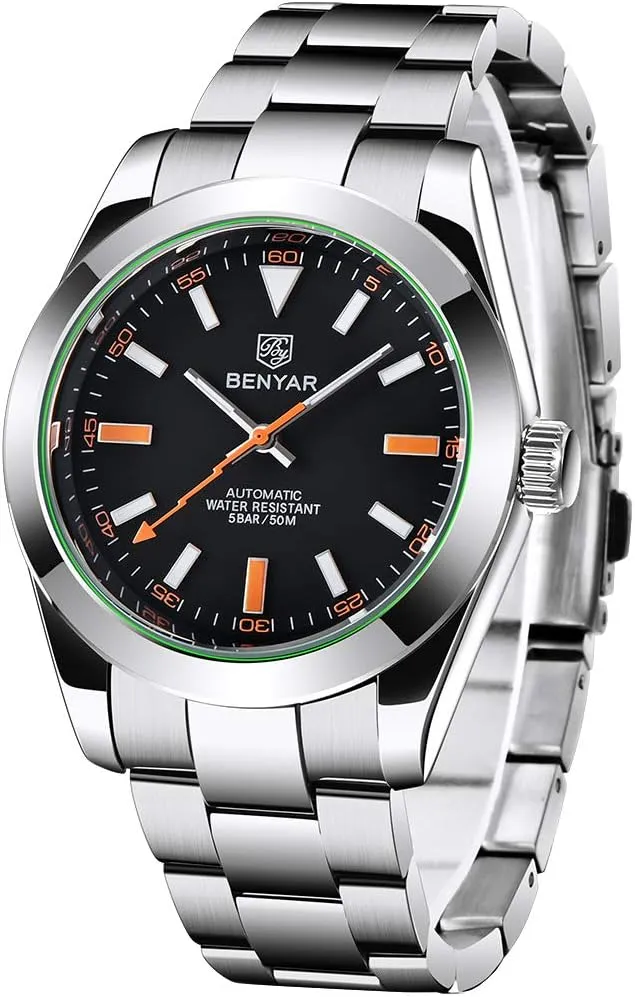 BENYAR Classic Men's Automatic Mechanical Watch Stainless Steel Strap Waterproof Luminous Simple Business Sports Wristwatch