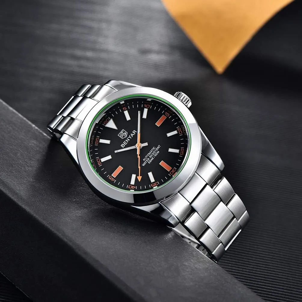 BENYAR Classic Men's Automatic Mechanical Watch Stainless Steel Strap Waterproof Luminous Simple Business Sports Wristwatch