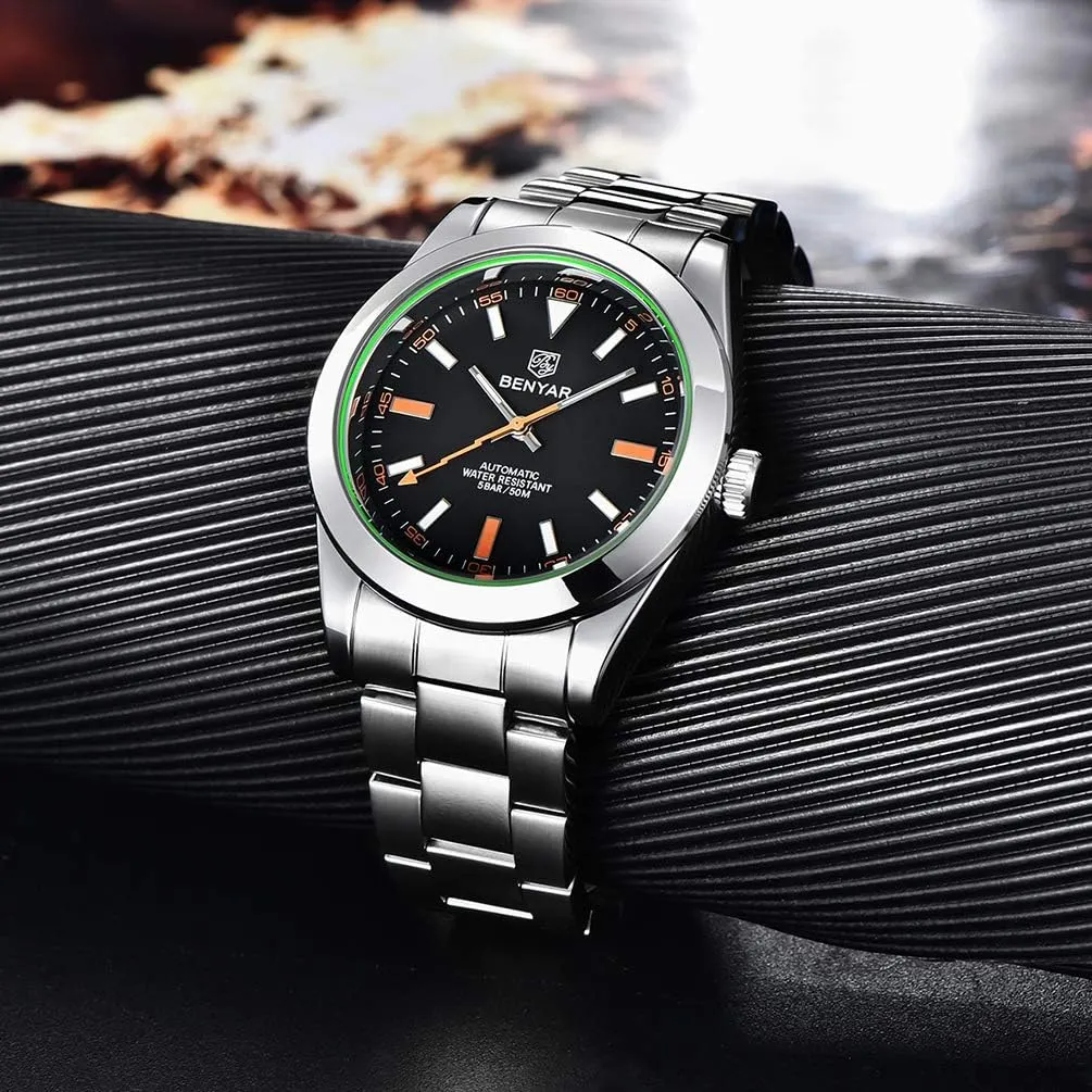 BENYAR Classic Men's Automatic Mechanical Watch Stainless Steel Strap Waterproof Luminous Simple Business Sports Wristwatch
