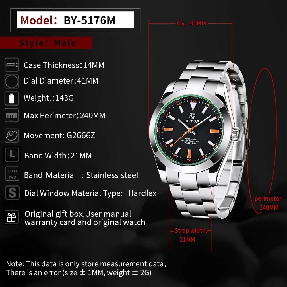 BENYAR Classic Men's Automatic Mechanical Watch Stainless Steel Strap Waterproof Luminous Simple Business Sports Wristwatch
