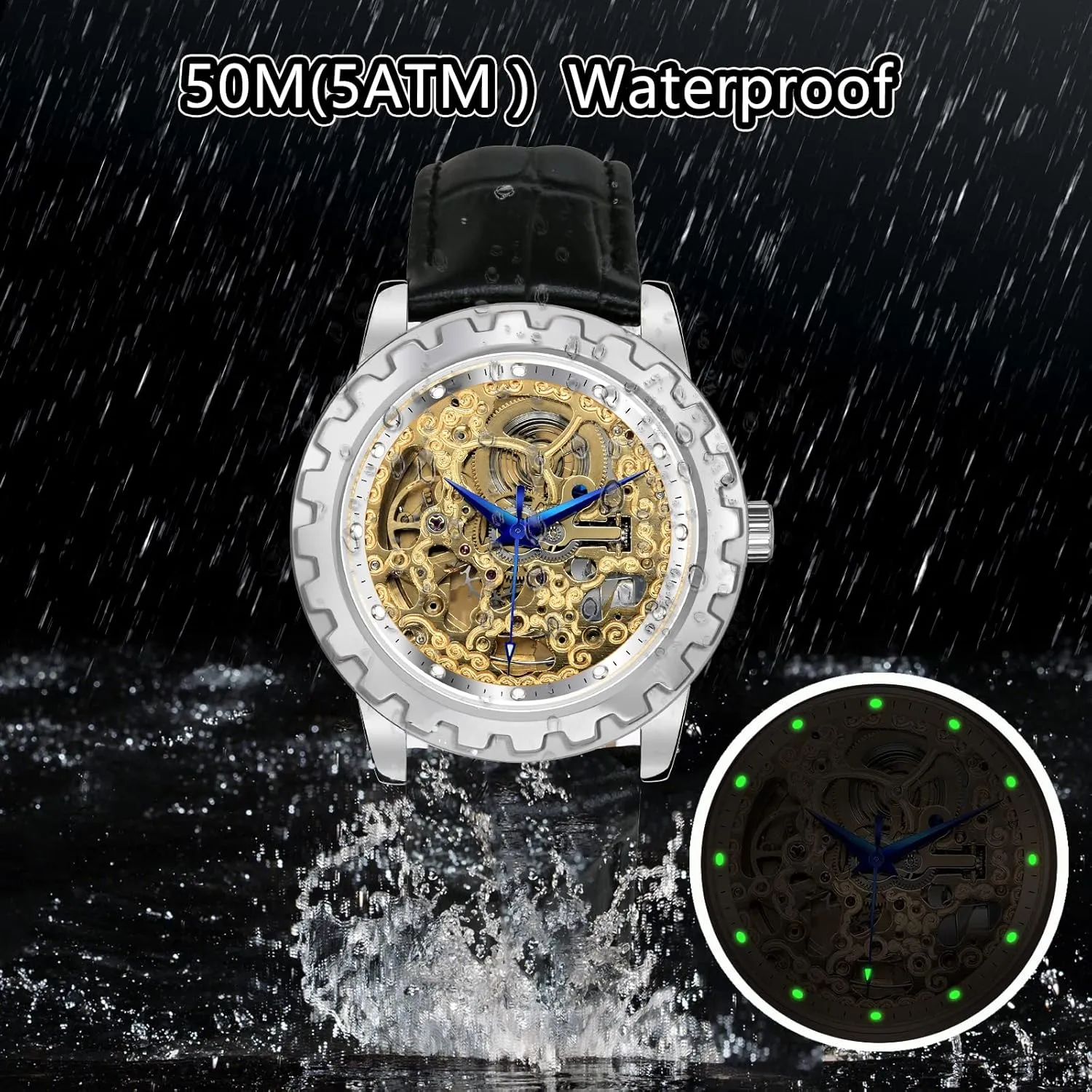 BERNY Gold Watches for Men Automatic Men's Wristwatch Skeleton Luxury Dress Mechanical Mens Watch Exhibition Back Cover Luminous Hour Marker Waterproof