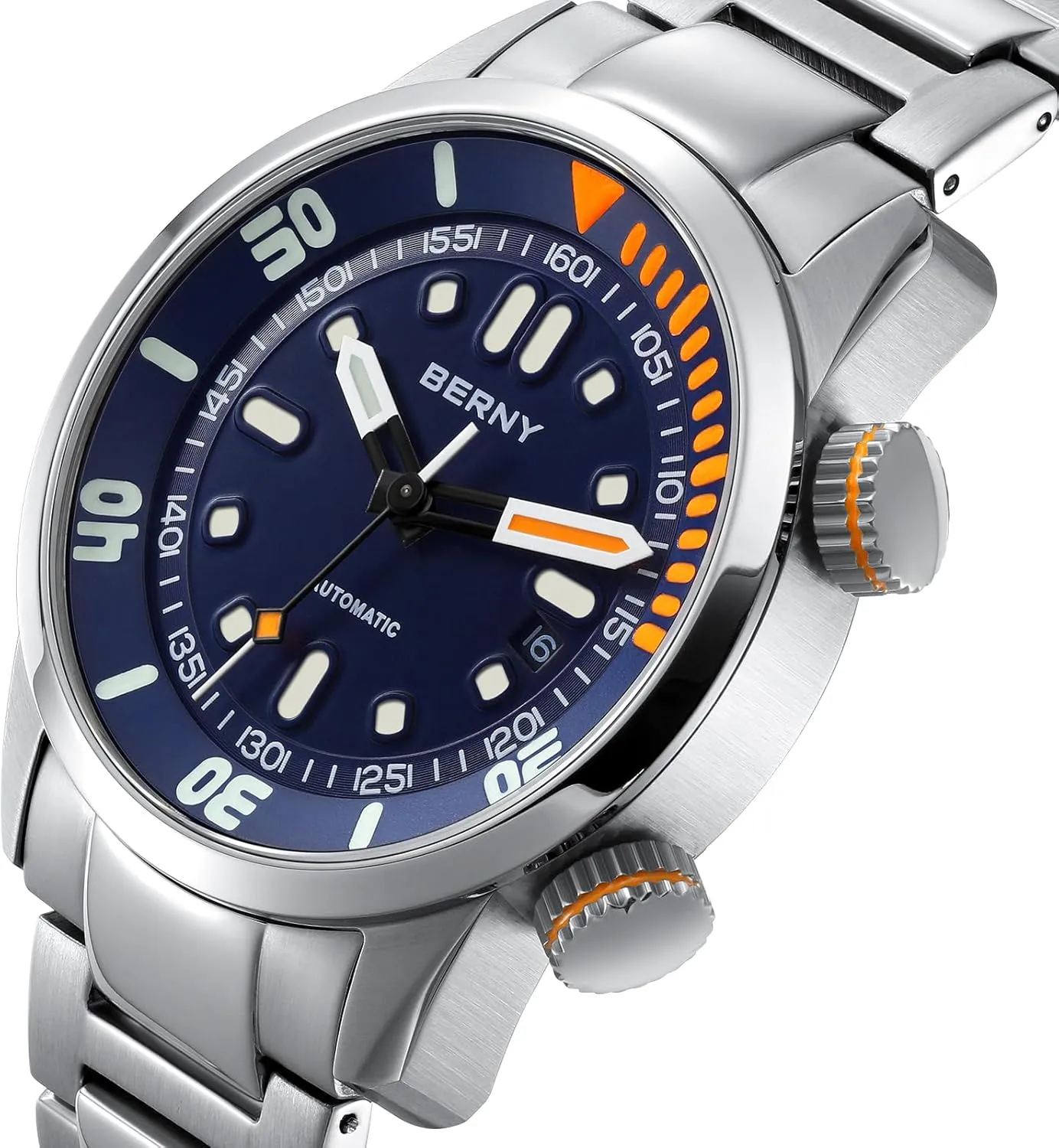 BERNY Men's Dive Watch, Fashion Mechanical Automatic Watches for Men, 20AMT Waterproof Male Wrist Watch, Super Luminous Sapphire Glass All Stainless Steel Luxury Birthday Presents